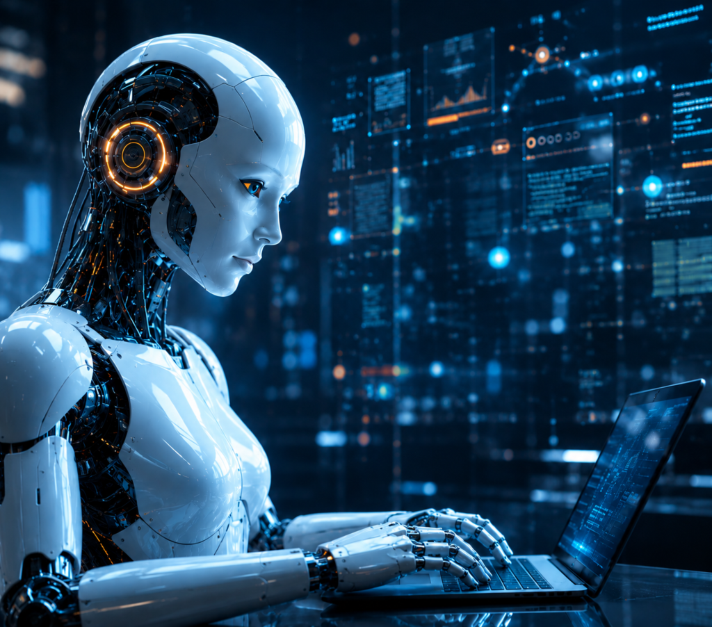 Humanoid AI robot working on a laptop in a futuristic technology environment