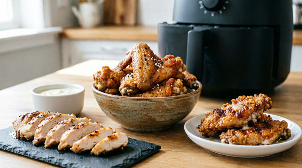 Air fryer chicken recipes including wings tenders and chicken breast