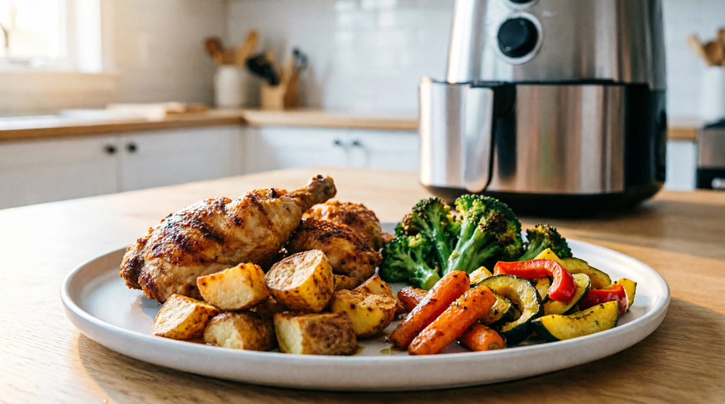 Complete air fryer dinner with chicken potatoes and vegetables