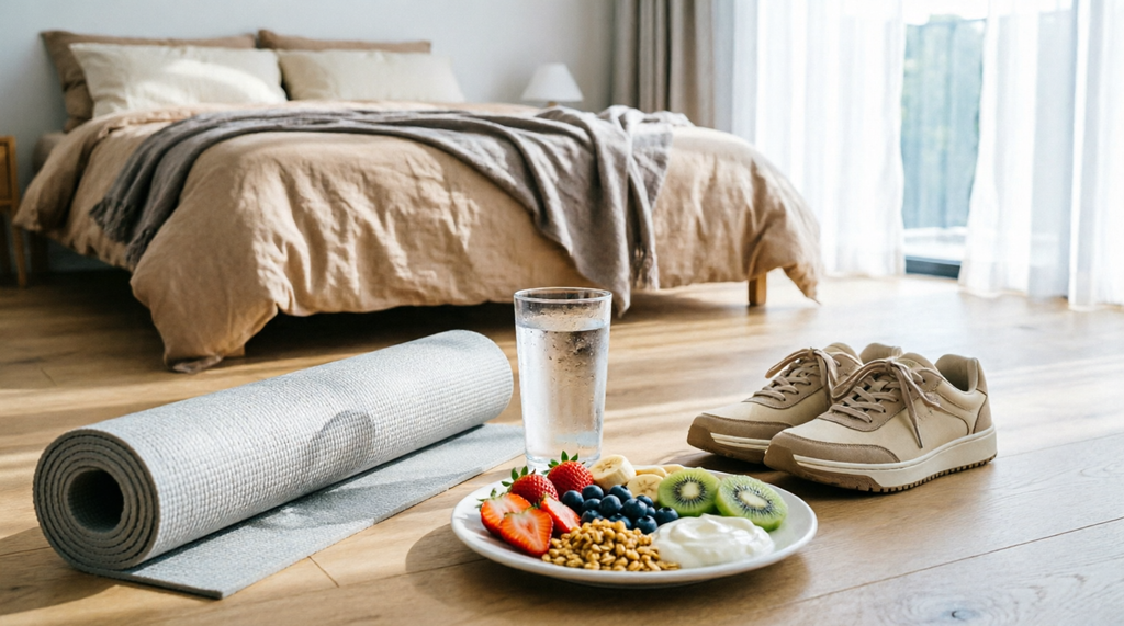 Simple morning wellness routine with water, healthy breakfast and exercise