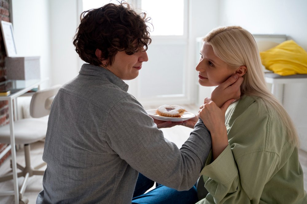 Couple supporting each other during a vulnerable emotional conversation