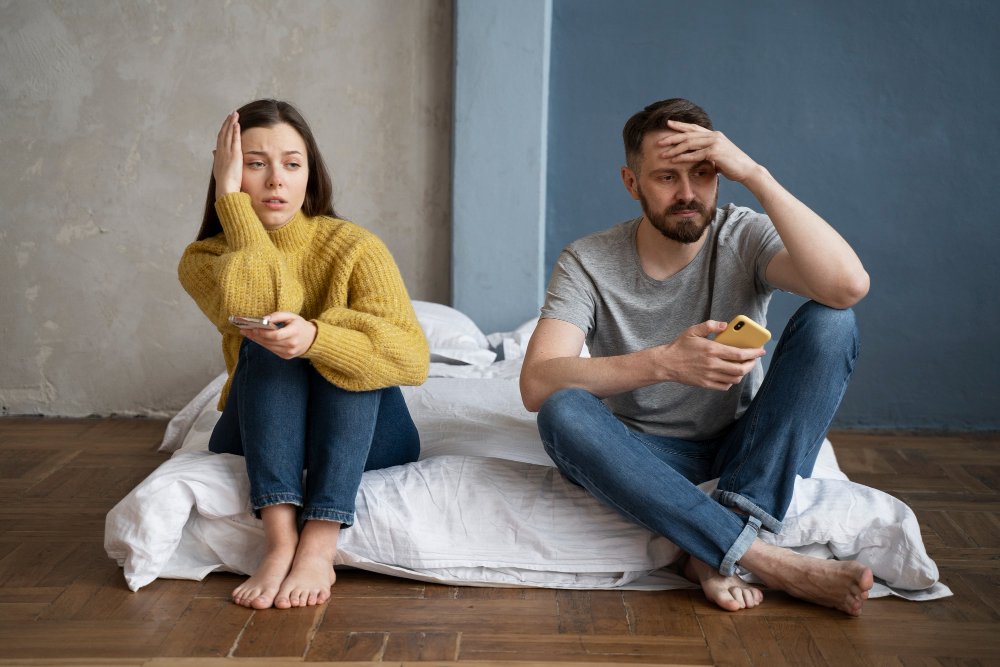 Emotionally distant couple sitting apart in the same room