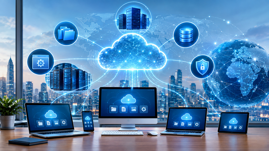 Cloud computing connecting users to online servers, storage, databases, and software
