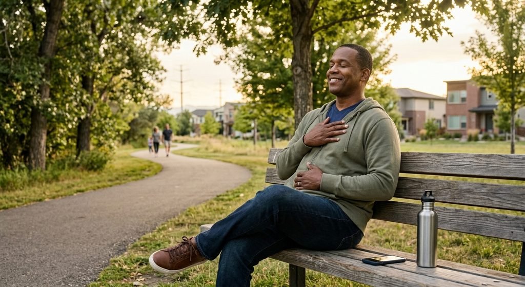 American adult practicing simple stress management outdoors