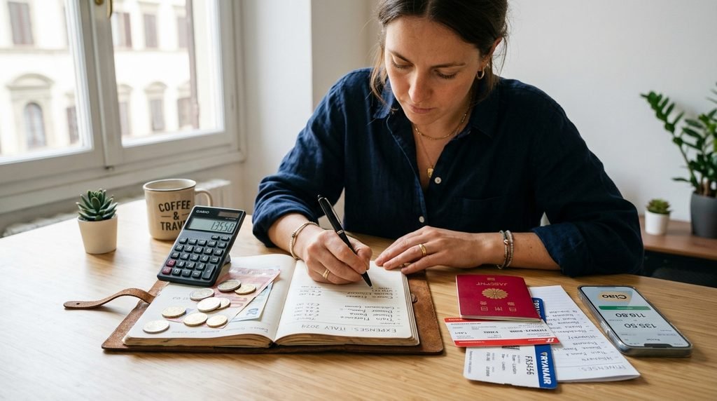 Budget travel planning with a map, passport and travel budget