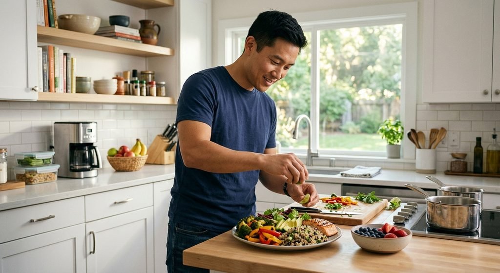 Balanced healthy meal with vegetables, whole grains and protein