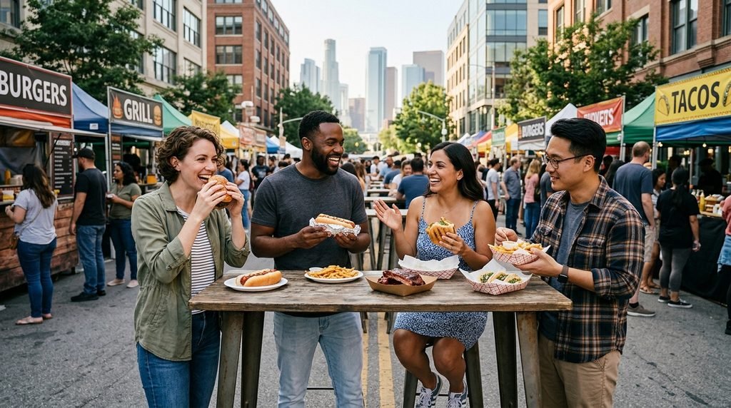American travelers enjoying affordable local food at an outdoor market