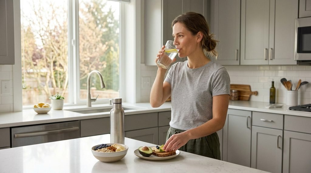 Healthy morning routine with water and a nutritious breakfast