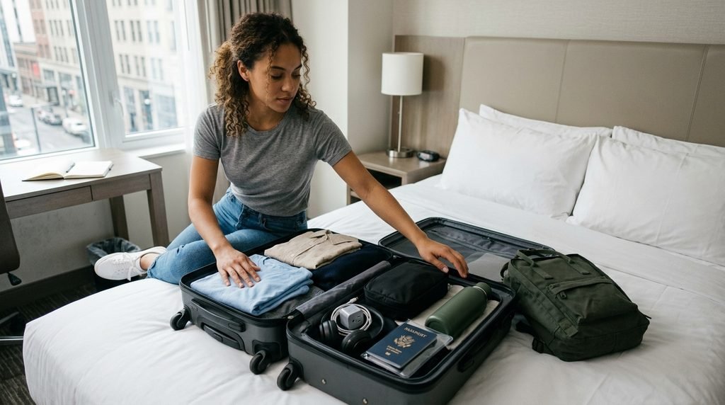 American traveler packing essential items for a budget-friendly trip