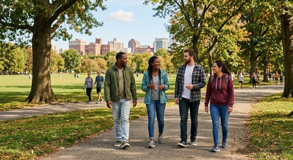 American adults enjoying outdoor activities in a public park