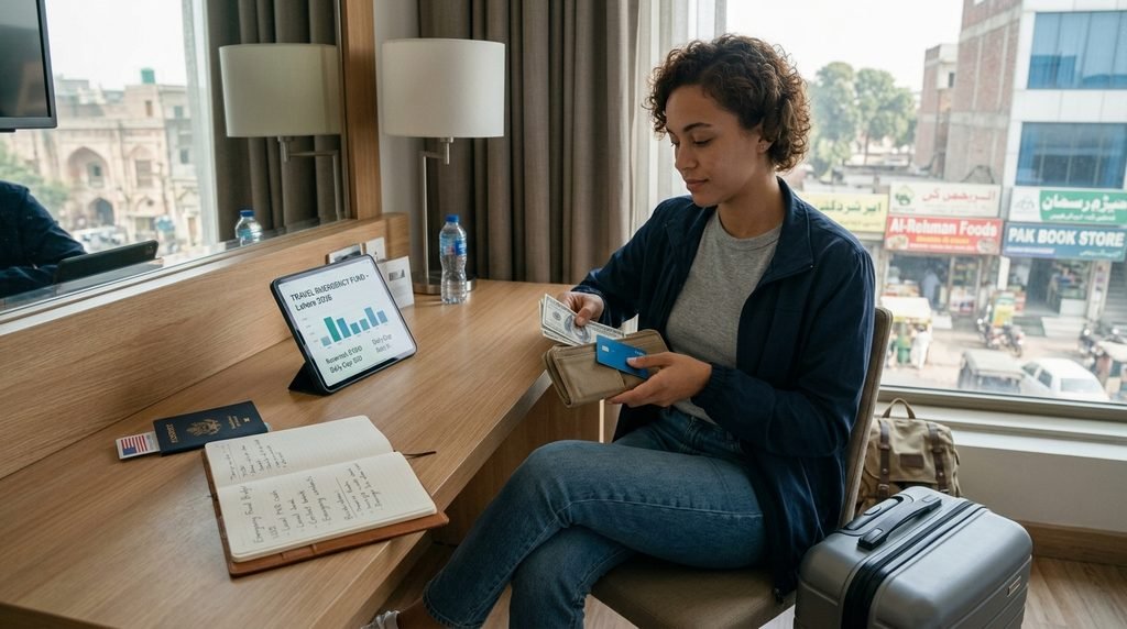 American traveler preparing an emergency fund for a vacation