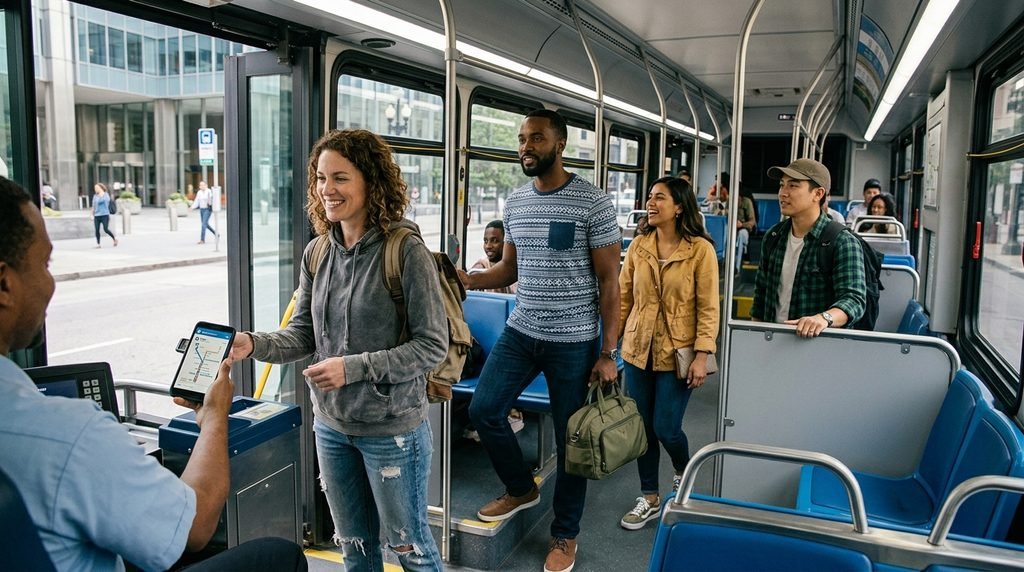 American travelers using affordable public transportation