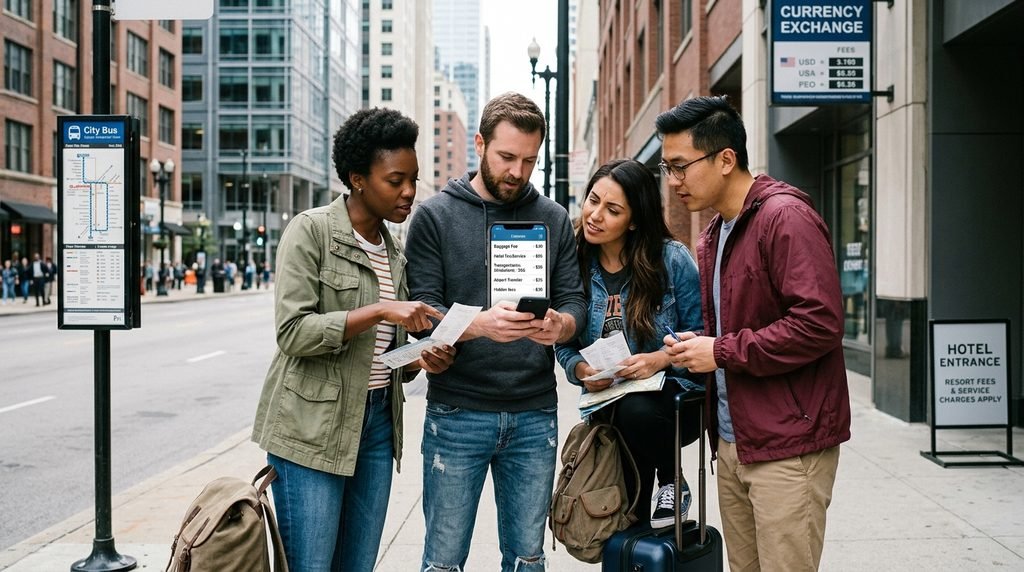 American travelers checking hidden vacation expenses