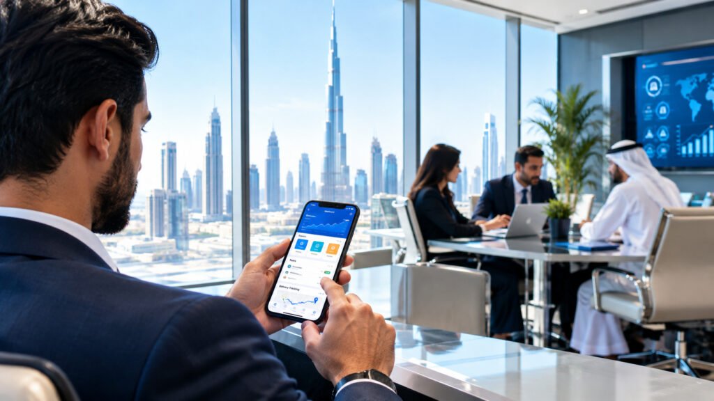 Mobile apps transforming business operations in Dubai with smartphone technology and digital business management.