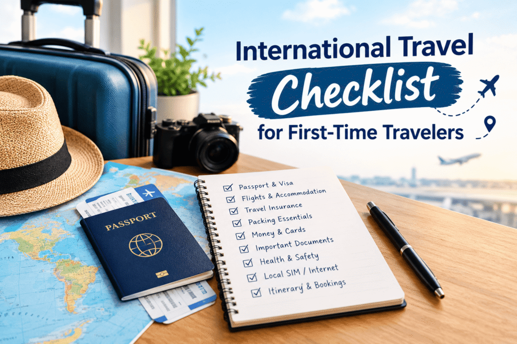 International travel checklist for first-time travelers with passport, suitcase, travel documents, and packing essentials.
