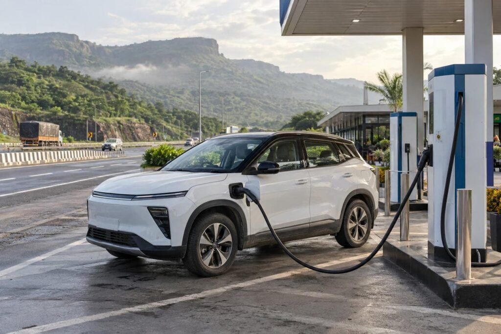 Electric SUV charging at a public fast-charging station during a road trip